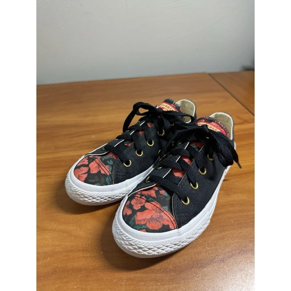Converse All Star Low Top Youth Size 13 Floral Black Gold Eyelet Sneakers Shoes